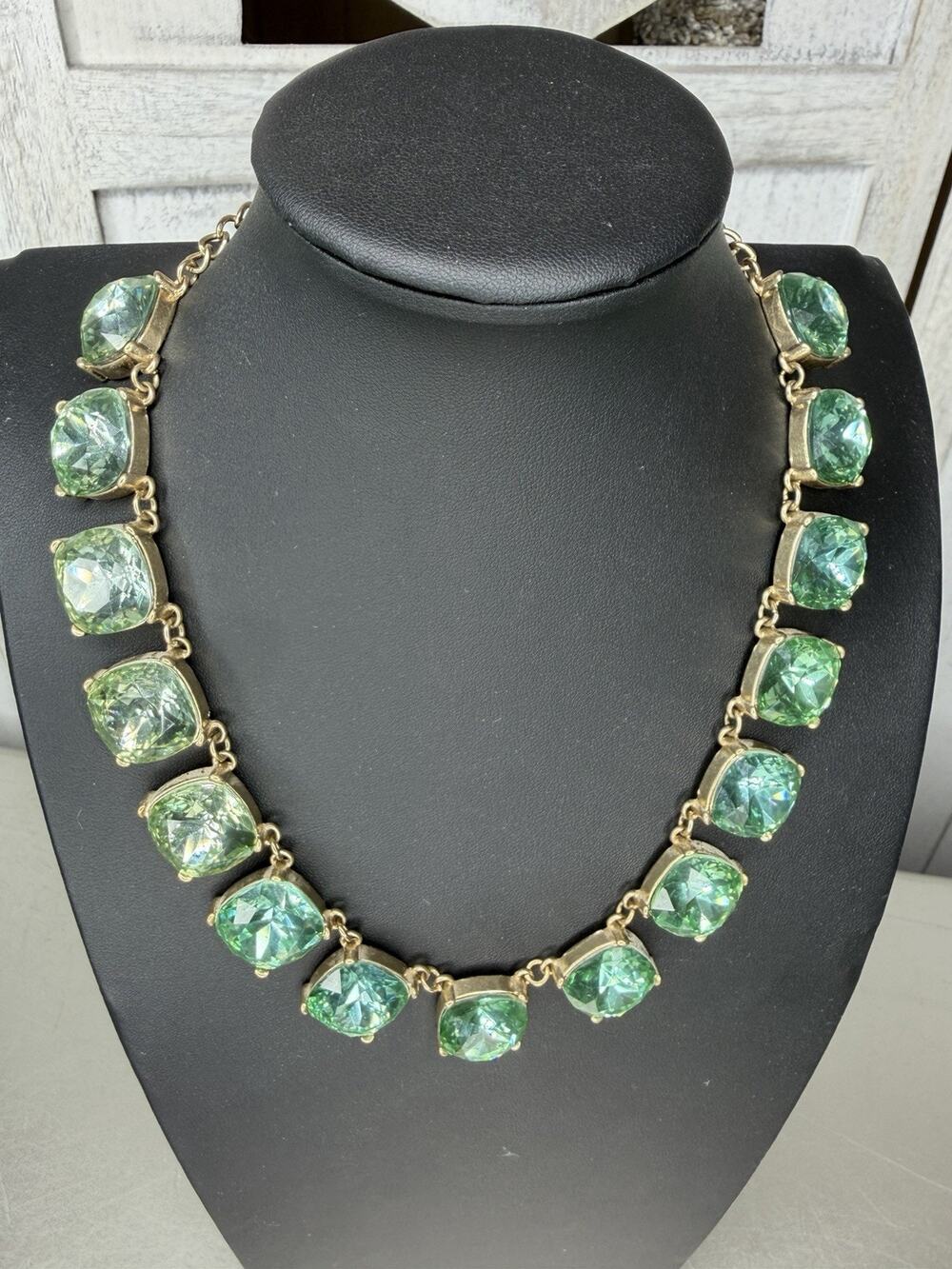 Vintage Shades Of Green Glass Statement Necklace Faceted Glam Gold Tone